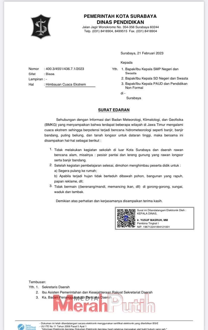 Dispendik Kota Surabaya menerbitkan Surat Edaran (SE) untuk mengantisipasi akhir-akhir ini juga terjadi hujan deras dengan intensitas tinggi yang melanda Kota Surabaya I MMP I dok.