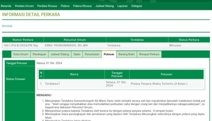Soesantiningsih alias Mami Santi Terdakwa Kasus Prostitusi di Royal KTV Divonis 4 Bulan Penjara