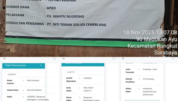 Proyek SMPN Baru Medokan Ayu Bernilai Rp 5,3 Miliar Diduga Tak Sesuai Prosedur, Kontrak Tercatat Sebelum RUP Diumumkan